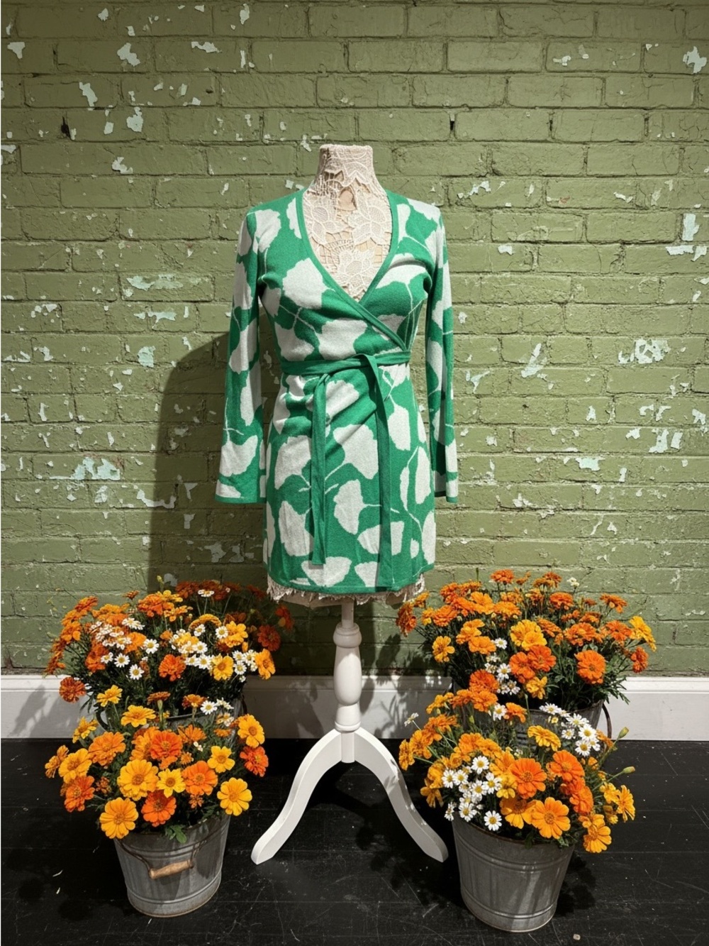 Diane Von Furstenberg Green and White Wrap Midi Dress